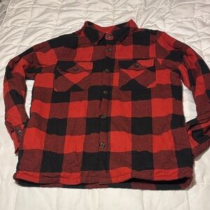 Red and Black Buffalo Plaid Fleece Lined Flannel Button-Up Shirt Shacket